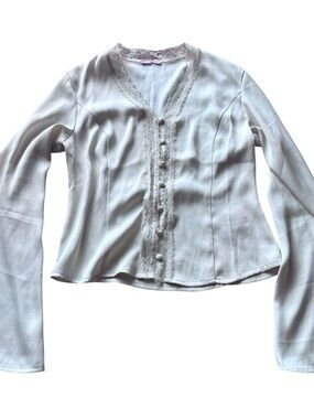 Vintage Cream Lace Trim Blouse Button Front Romantic Cottagecore Top